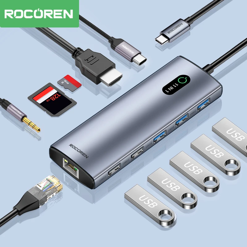 Rocoren 11 in 1 USB C Hub PD 100W RJ45 SD Reader USB 3.0 Splitter 8 in 1 Dock Station For Macbook Air Pro Samsung Xiaomi Laptop