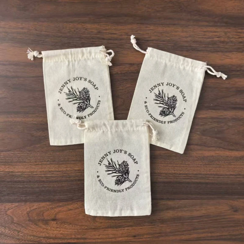 

100 Pieces Customised Logo 10*15cm/3.9*5.9'' Natural Cotton Bags Drawstring Gift Pouches Screen Printed With Black Logo