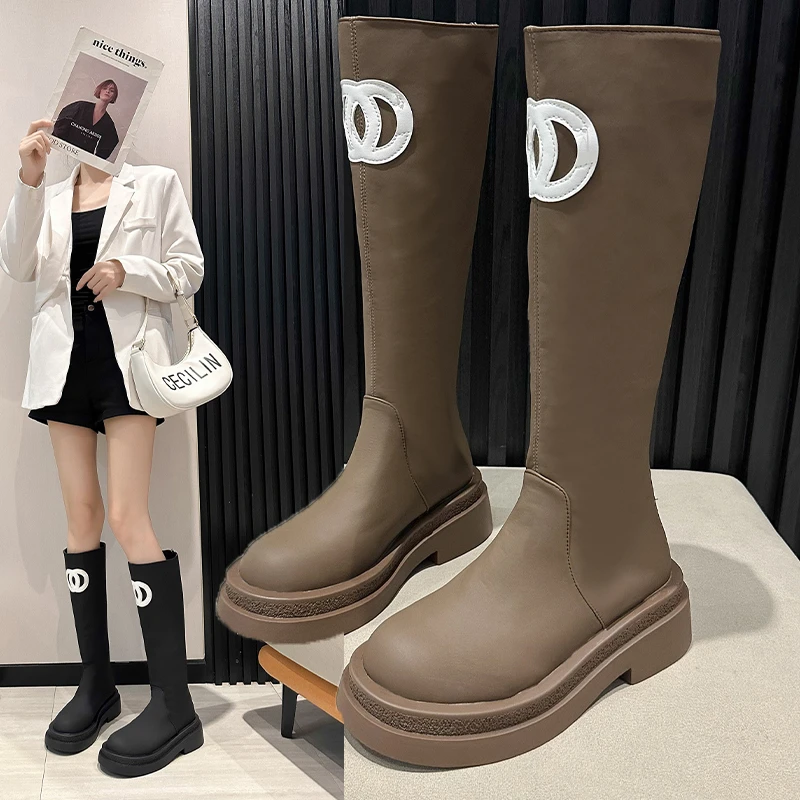 Big round boots for women 2024 autumn and winter new small fragrant wind high cylinder thick sole thin but knee knight boots