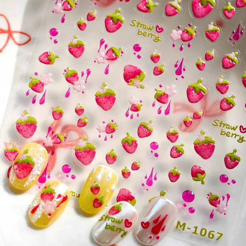 사랑스러운 핑크 크림 딸기 쥬시 과일 꽃 녹색 잎 사랑 하트 귀여운 5D 셀프 접착 네일 아트 스티커 매니큐어 데칼