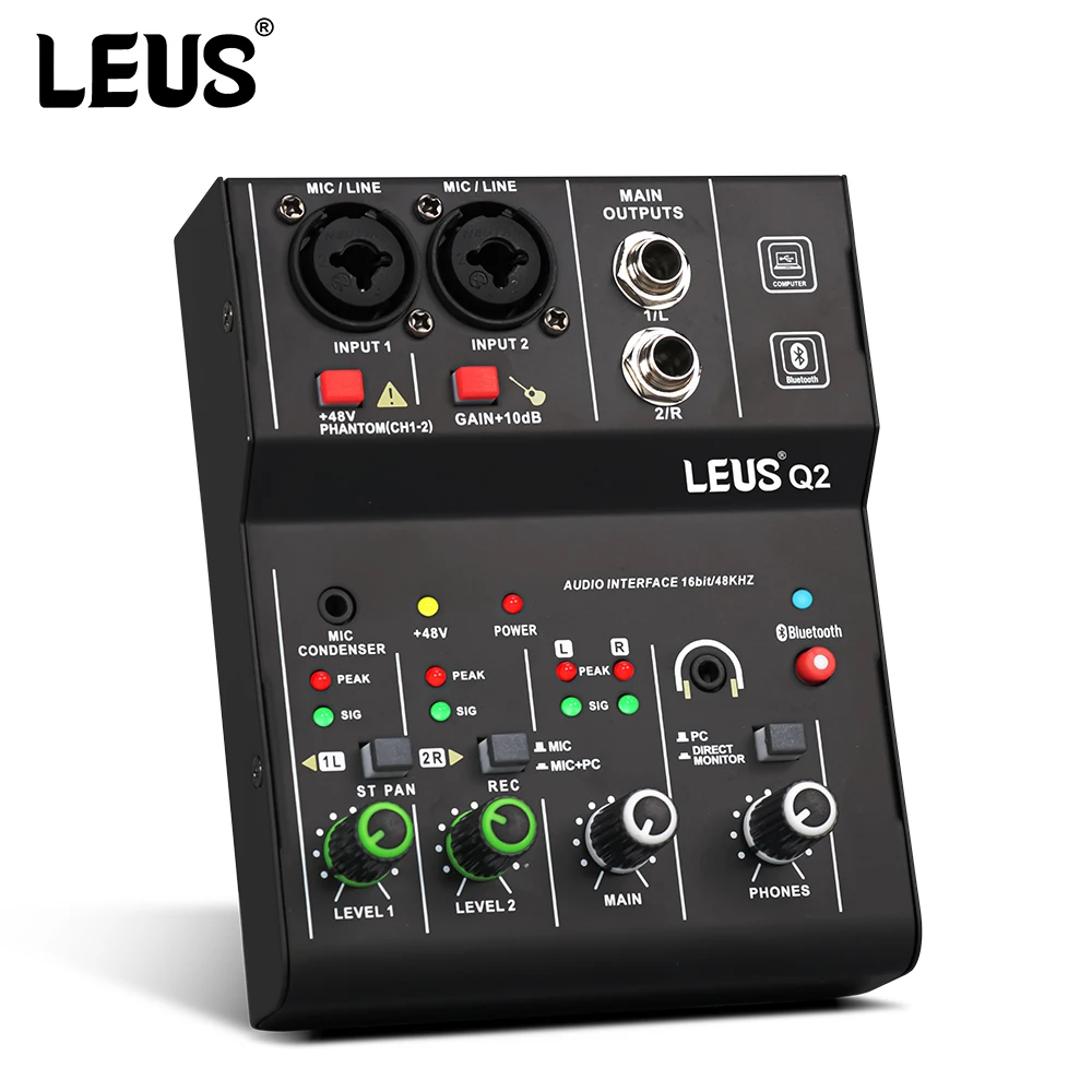 LEUS Q2 Mixing Console Audio Interface Bluetooth USB Record PC 48V Phantom Power Delay Repaeat Effect 2 Channels DJ Sound Mixer