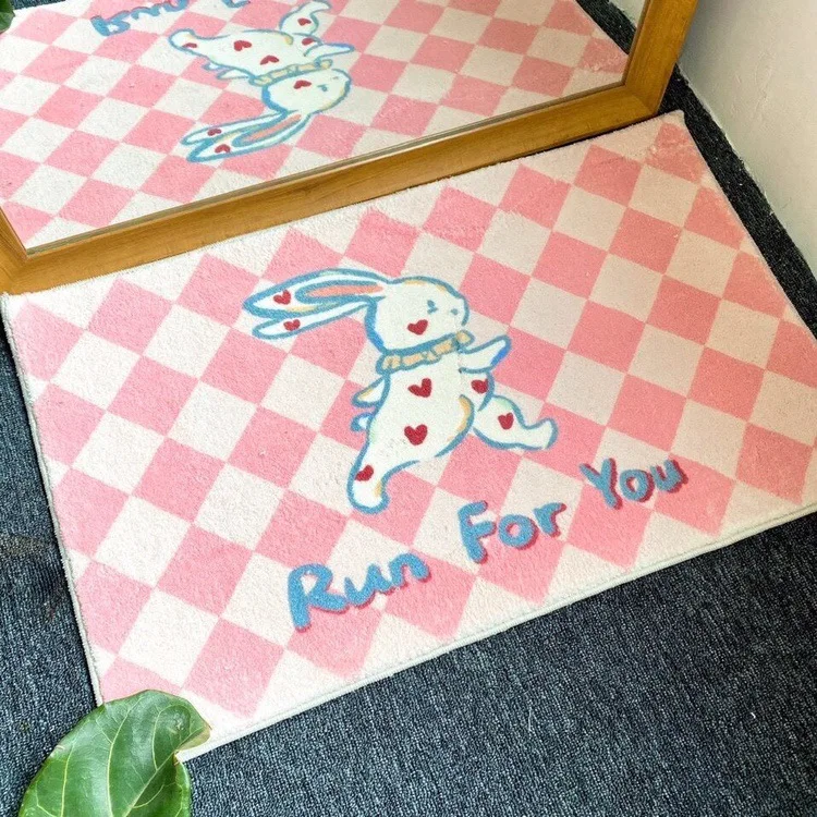 

Cute Rabbit Checkerboard Carpet Living Room Simple Dirty-resistant Floor Mat Coffee Table Bedroom Girl Bedside Carpet Anime Rug