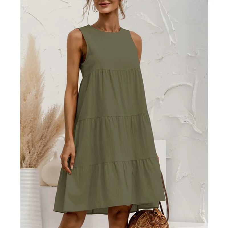 Summer Women Vest Dress Cotton O-Neck Sleeveless Solid Midi Tank Dresses Stitching Large Swing Casual Loose Sundress Vestidos