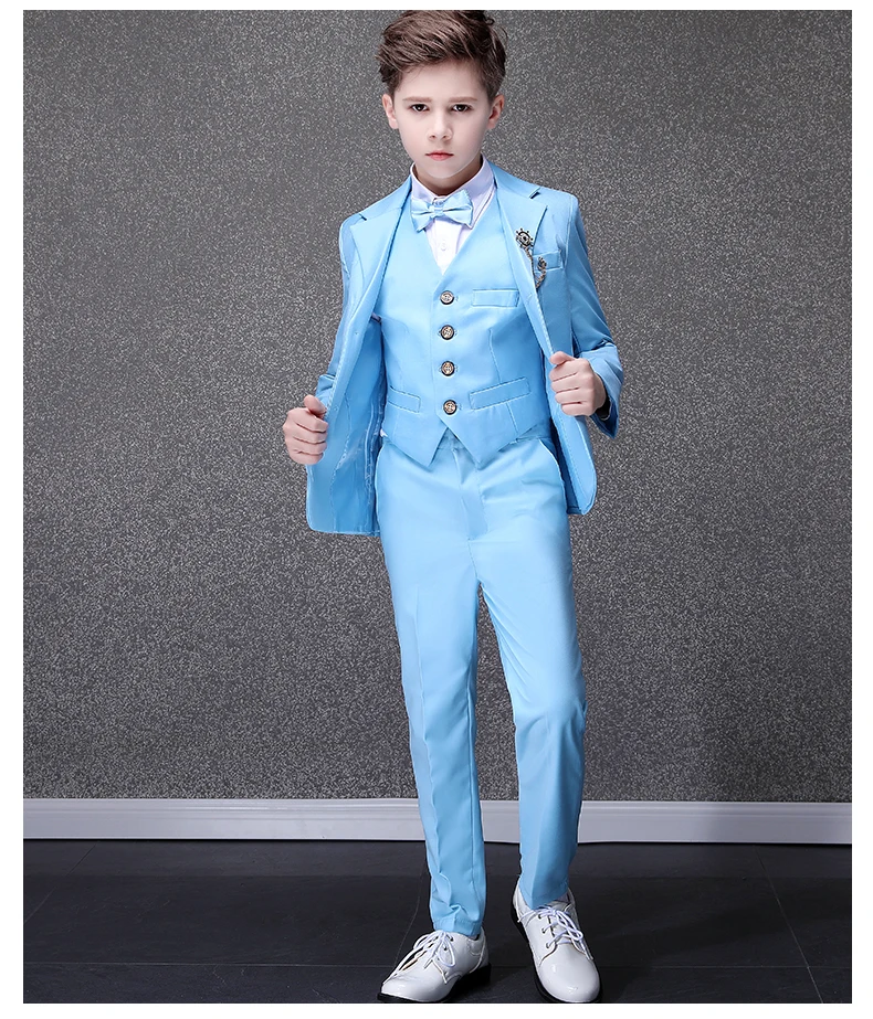 Children Sky Blue Photograph Suit Flower Boys Wedding Dress Kids Tuxedo Evening Party Wear Teenager Graduation Birthday Costume