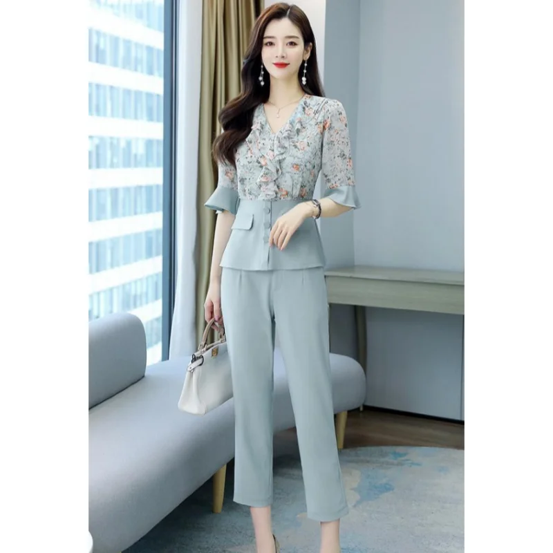 Celebrity Temperament Chiffon Shirt Large Set Summer New Goddess Style Casual Fashion Reducing Age Professional Two Piece Set