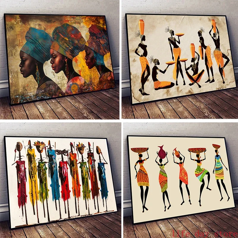 1pc frameless Canvas Painting Ethnic African Black Woman Canvas Painting Vintage Wall Art Figure Prints for Living Home Room Wal