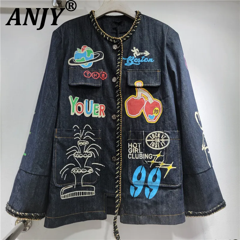 

ANJY Autumn Winter New Women Niche Design Streetwear Trendy Denim Patch Jacket Fashion Tide Versatile Loose Slimming Coat A12156
