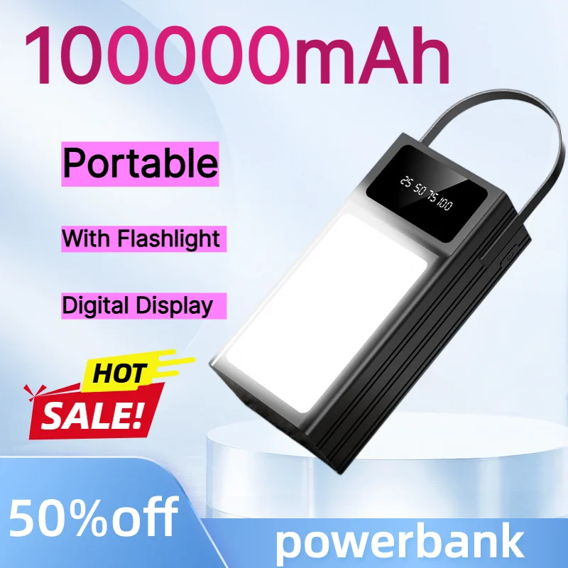 100000mAh PowerBank Portable Fast Charging with camping lights Power Bank External Battery for live streaming outdoor camping