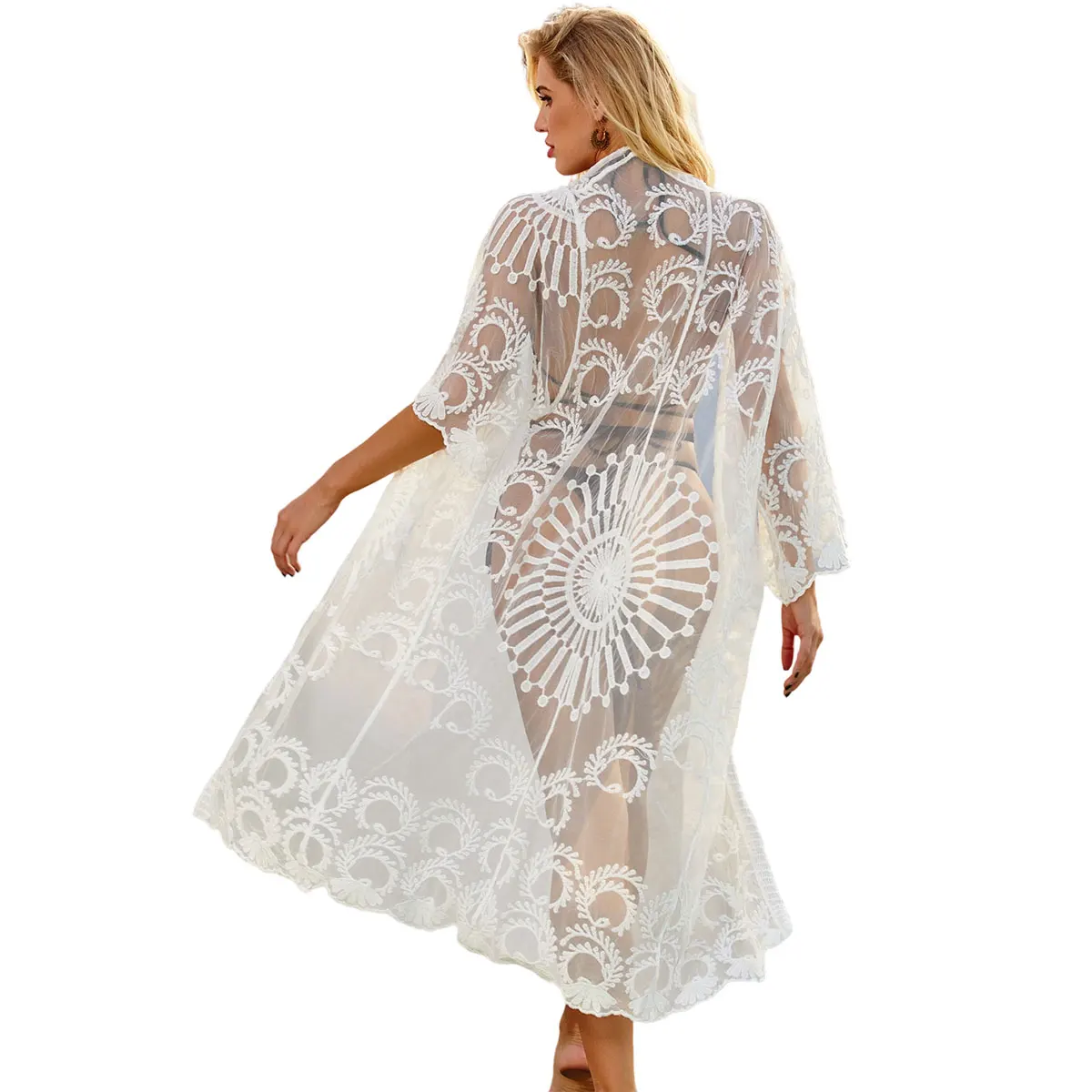 

Sexy Long Mesh See-through Women's Swimsuit Coat Bikini Cover-up Cardigan Lace Embroidery Circle Pattern Half Sleeve Loose