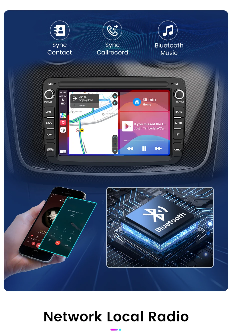 Junsun 7" Wireless Carplay Android Auto Autoradio für Renault Dacia Duster Sandero Dokker Logan Captur GPS RDS Multimedia Player – Detail 13
