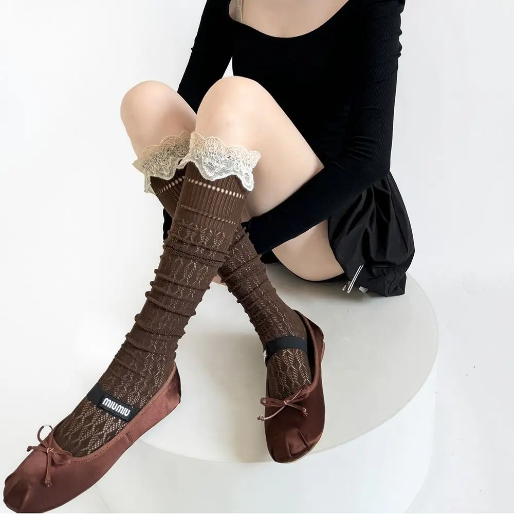 Simple Versatile Lace Trim Knee-high Socks Hollow Out Odor-resistant Calf Socks Breathable Sweat-absorbent Long Socks Dress