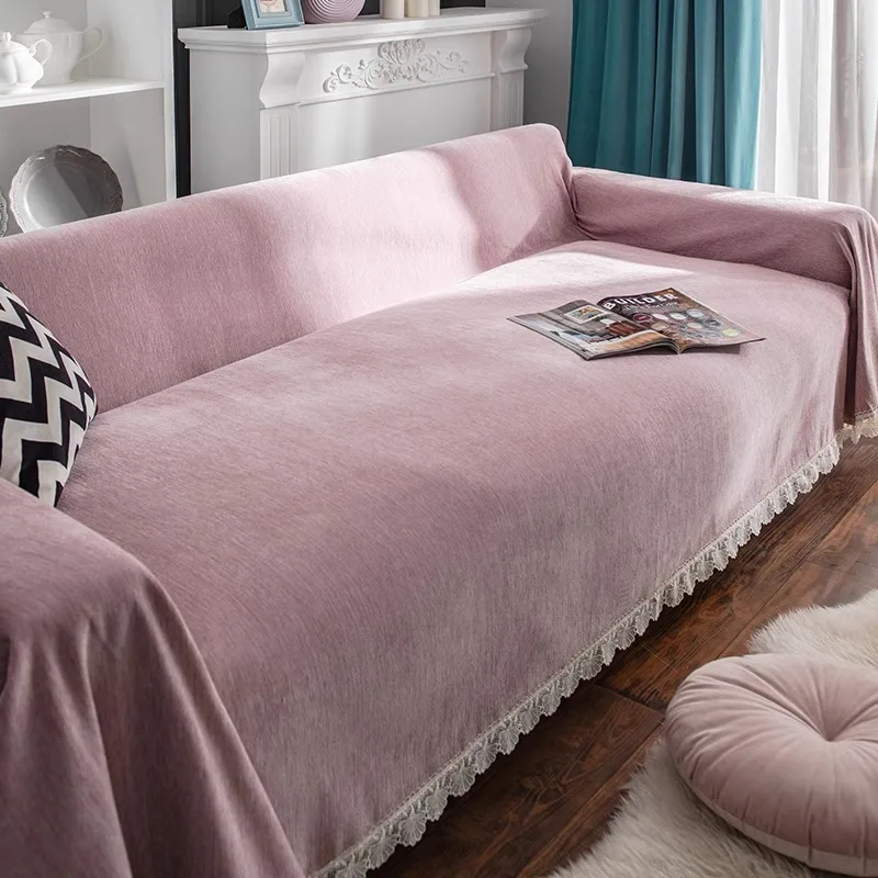 Luxury Solid Color Chenille Sofa Cover Lace Edge Dustproof Anti-scratch Full Cover Soft Sofa Throw for Old Sofa Renovation