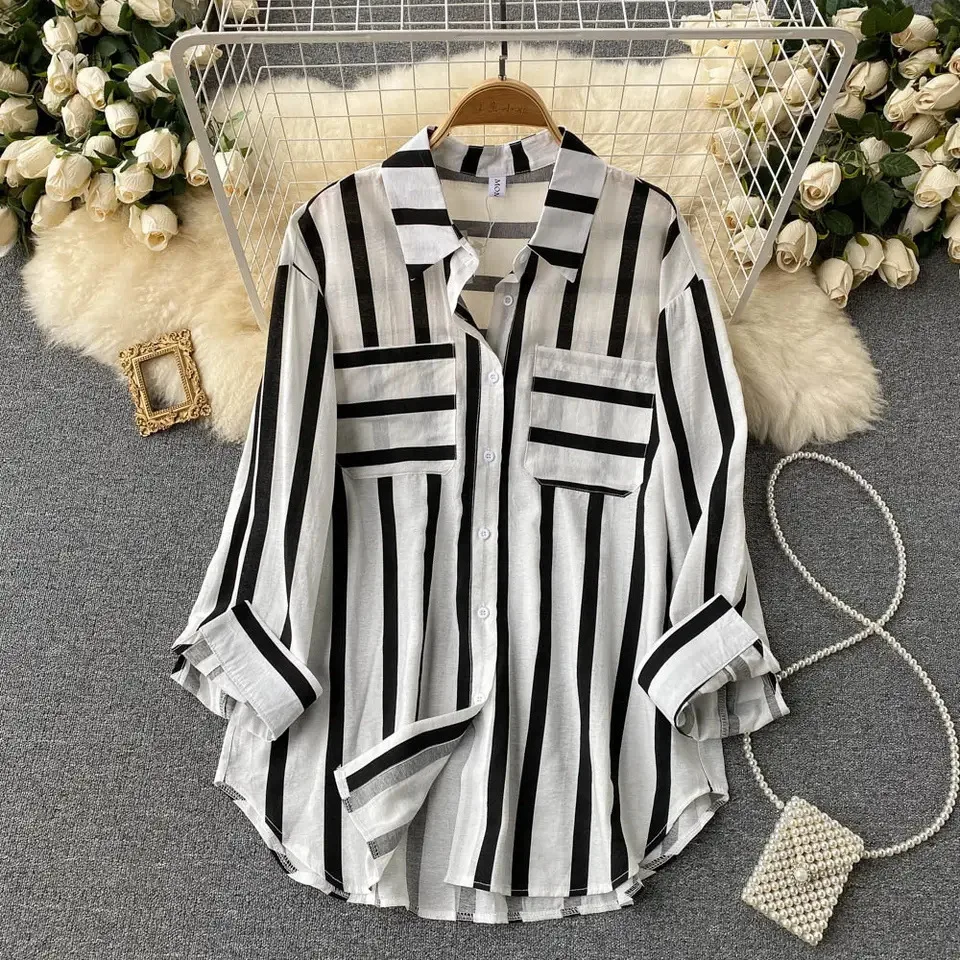 2025 Summer Spring Autumn New Mid Length Vertical Stripe Multi Color Shirt Coat Women's Korean Edition Casual Loose Top