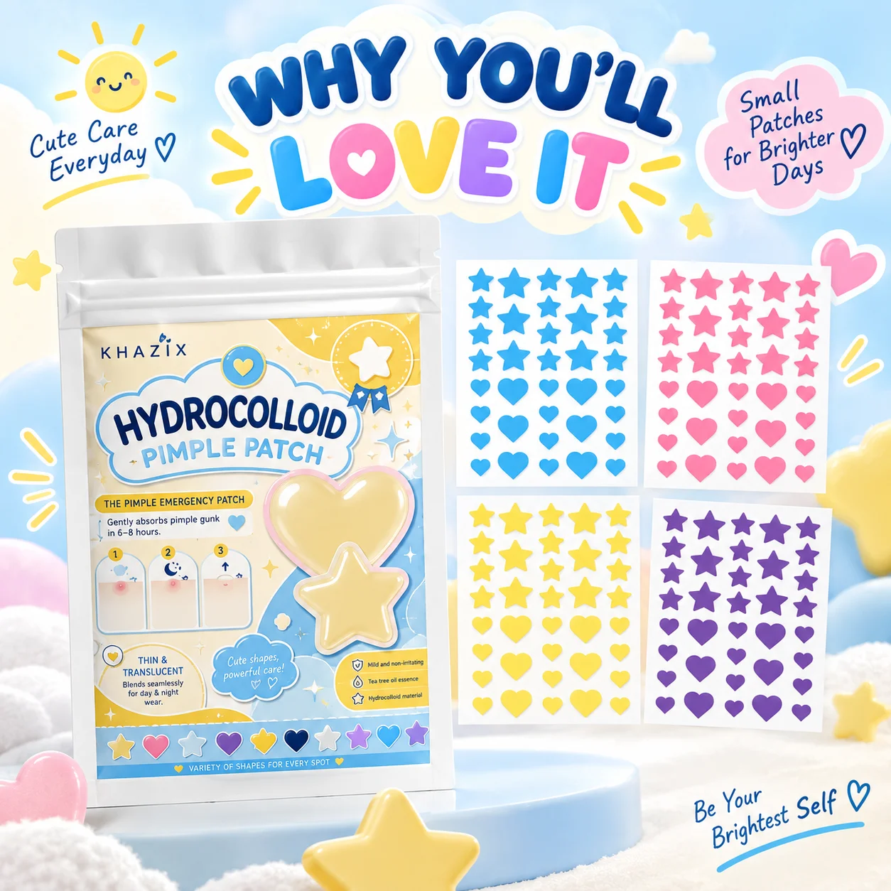 432/288/144PCS Pimple Patch Variety Pack, Hydrocolloid Heart & Star Stickers in 4 Fun Colors for Cute Facial Spot Styling