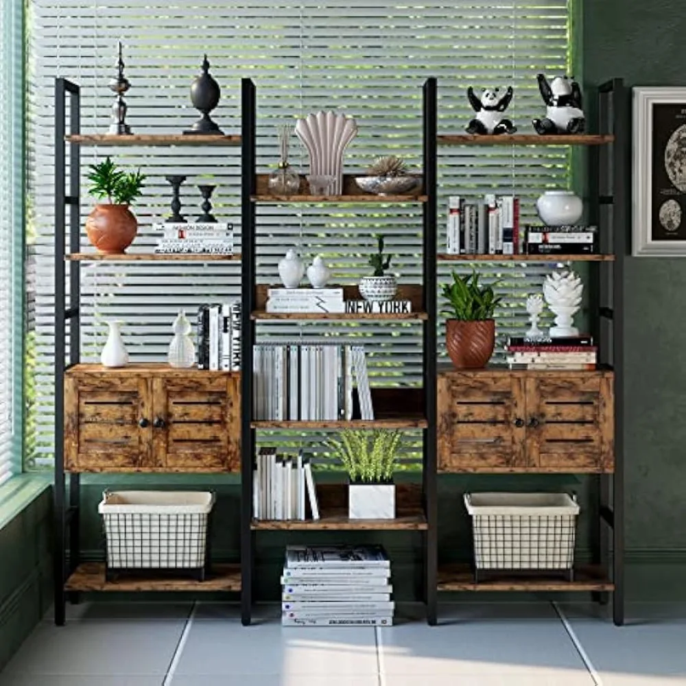 IRONCK Industrial Bookshelf and Bookcase with 2 Louvered Doors 5 Tiers Triple Wide Display Shelf with Storage Cabinet for Living