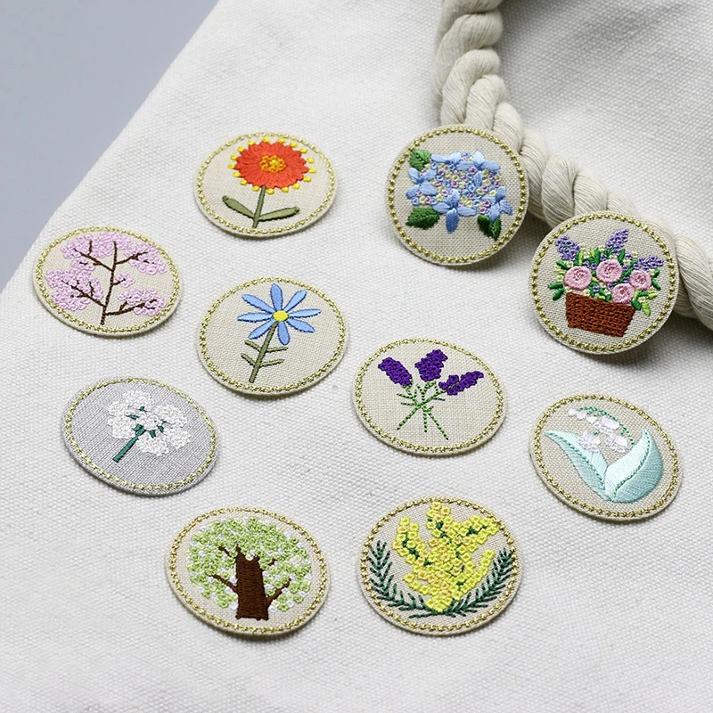 Einteiliger runder Blumen-Pflanzen-Stickerei-Aufnäher zum Aufbügeln für Mantel, Tasche, DIY, Lochreparatur-Applikation