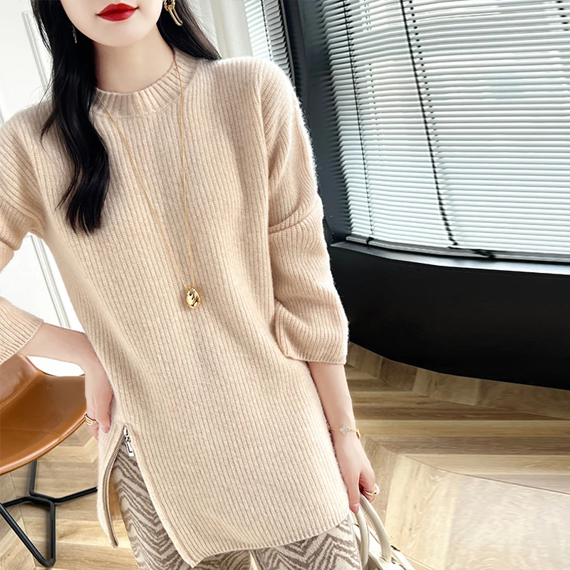 2024 Autumn/Winter Women Loose Sweet Sweaters 100% Wool Knitted Leisure O-neck Long Pullovers Warm Soft Tops