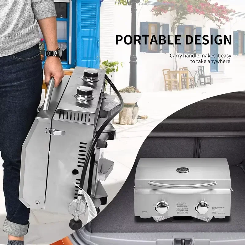 Stainless Steel Outdoor Portable Foldable Windproof 2-Burner LPG Gas BBQ Grill for Camping Picnic Cookware