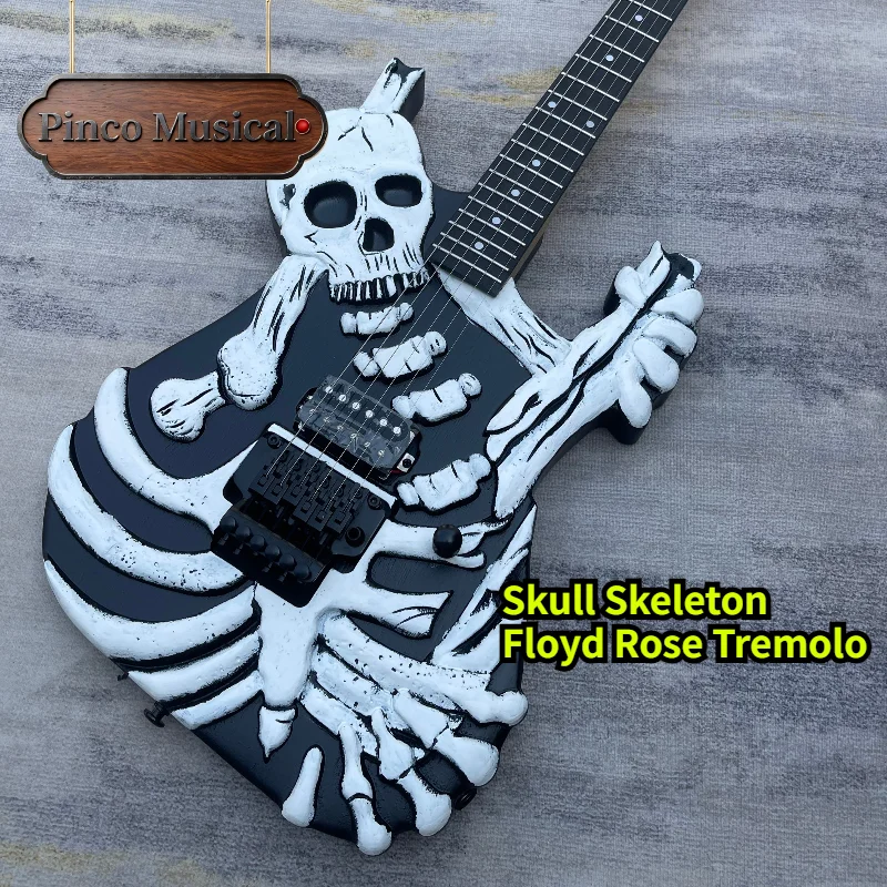 Dokken Hand Carved Skull Skeleton Electric Guitar Humbucker Pickup Floyd Rose Tremolo Metal Guitar