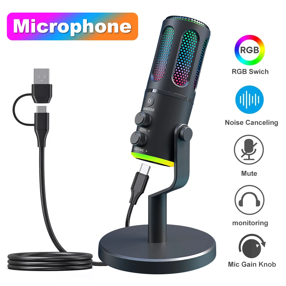 

USB Type-C Condenser Microphone with RGB Atmosphere Light Support 3.5MM Headset Connection for Game Audio Streaming Broadcast