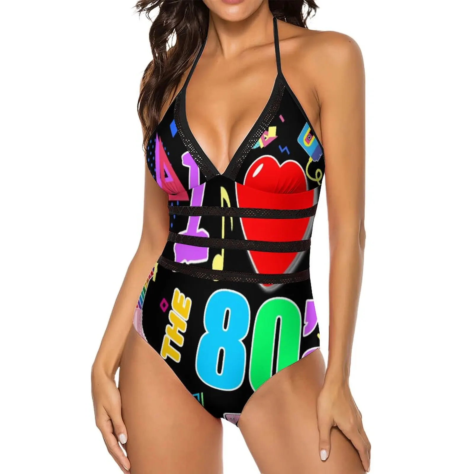 I Love The 80S Retro Heart Swimsuit Cute Graffiti Colorful Print Stylish Swimwear One Piece Bodysuit Sexy Hollow Out Beach Wear