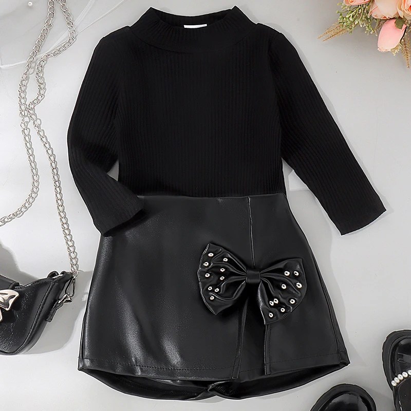 

2Piece Spring Autumn Children Clothes Girls Fashion Black Cotton Long Sleeve Baby Tops+PU Bow Skirt Boutique Kids Clothing BC366