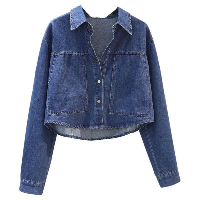 Jaqueta jeans retrô azul profundo emprestada fena estilo curto solto primavera outono nova chegada estilo hong kong jaque...