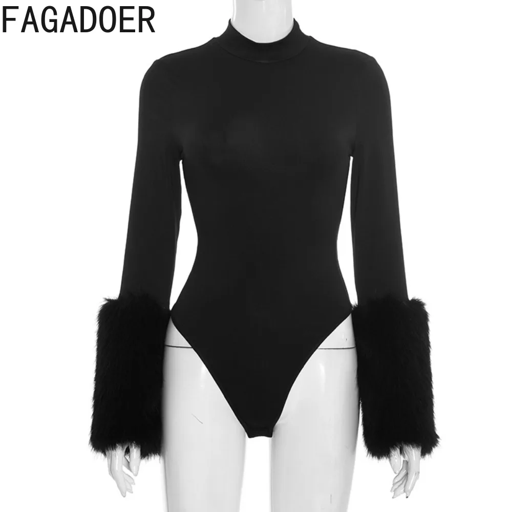 FAGADOER شتاء جديد مثير الفراء المرقعة 2 قطعة مجموعة للمرأة وتتسابق طويلة الأكمام Bodycon Playsuits + السراويل الإناث الشارع الشهير #5