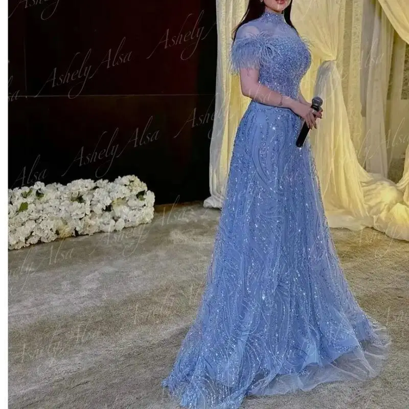 Luxury Arabic Grey Blue Evening Dresses For Women 2024 High Neck Crystal Feather Meramid Long Formal Occasion Dress Wedding Prom