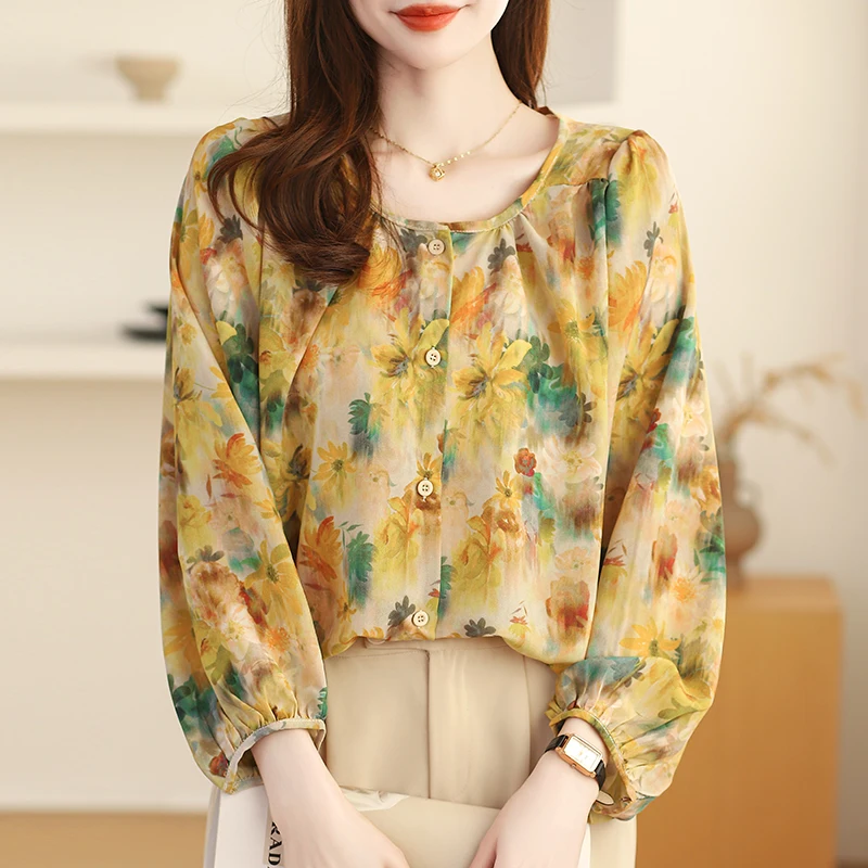 Women Summer Korean Simplicity Loose Printing Chiffon O-neck Long Sleeve Shirts Women Clothes Casual All-match Office Lady Tops