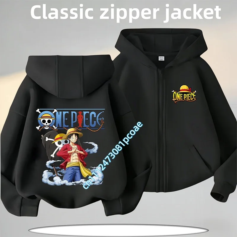 2026 New Kids Anime One Piece Luffy Zip Up Hoodie Jacket 3-12Y Casual Long Sleeve Sweatshirt Autumn