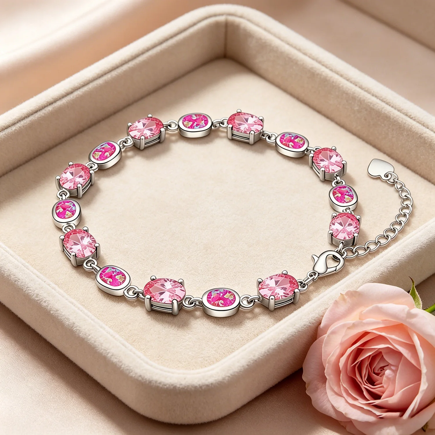 

Pink Opal Bracelet for Women, Oval Cut Mixed Pink Gemstone Link Bracelet, Dainty Romantic Statement Jewelry，Fashion Daily Wear