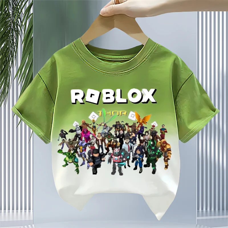 صيف جديد نمط ROBLOX الرجال والنساء في منتصف العمر الأطفال التدرج قصيرة الأكمام القطن الخالص تي شيرت الجولة الرقبة فضفاضة