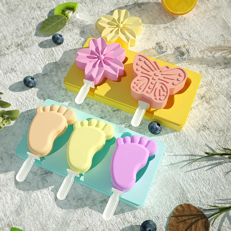 Cartoon Cow Ice Cat Paw Butterfly Cream Silicone Mold With Lid Flower Popsicle Ice Cube Tray Mold Cheese Gift Kitchen Gadgets