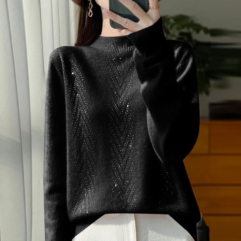 2024 Autumn/Winter Women's Sweater 100% Merino Pure Wool Long Sleeve Warm Diamond Fashion Half High Collar Knit Pullover Top