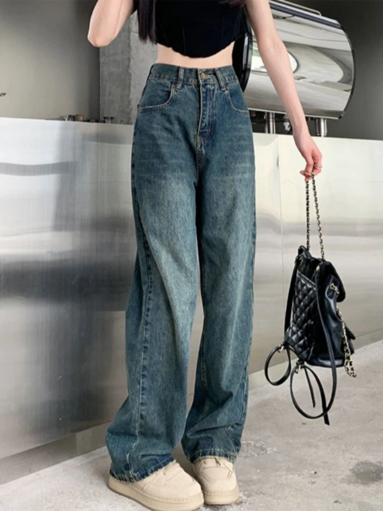 QWEEK Vintage Wide Leg Jeans Women Y2k High Waist Harajuku Streetwear Pants Korean Fashion Straight Casual Loose Denim Trousers