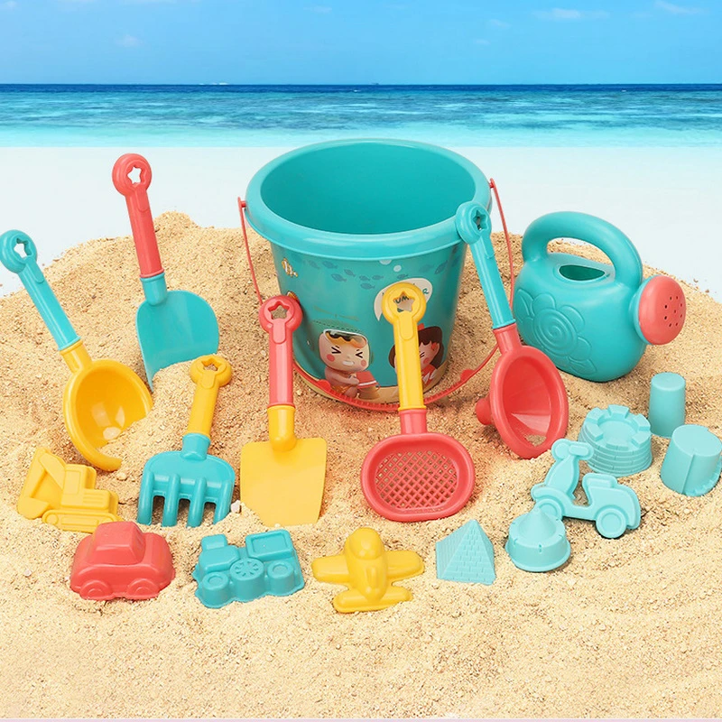 Divertidos juegos al aire libre de verano: juego de 18 piezas; Incluye cubo de playa, regadera, palas; Grandes juguetes de juego de arena para niños