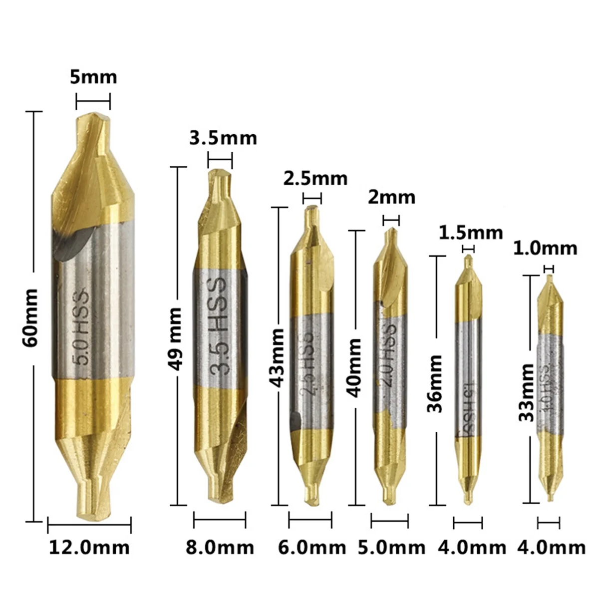 6Pcs High-Speed Steel Center Drill Assembly 1.0 1.5 2 2.5 3.5 5.0 mm Is Suitable for Lathe Metal Processing