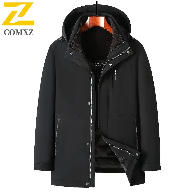 COMXZ 2025 Long Down Jacket Men's Winter New Casual Solid Color Hooded White Duck Down Warm Parka Outdoor Snow Cold-proof Coat