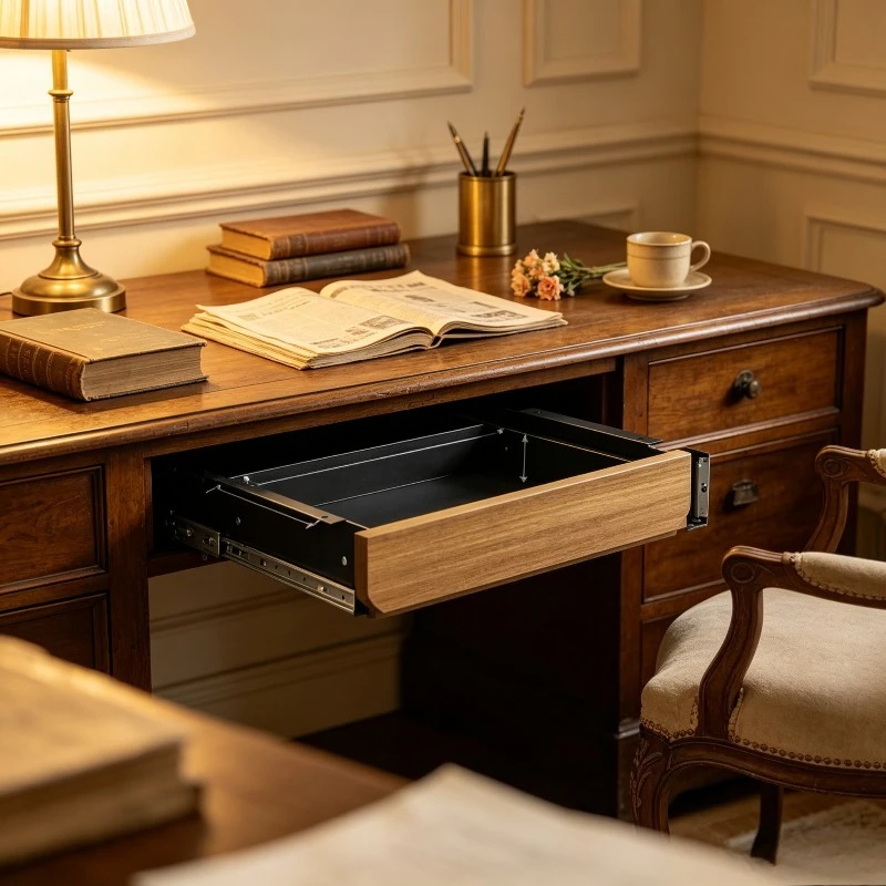 Solid Walnut Under-desk Drawer, Concealed Storage Box for Lifting Computer Desk, Sturdy Wooden Tray Organizer with Slide Rail.
