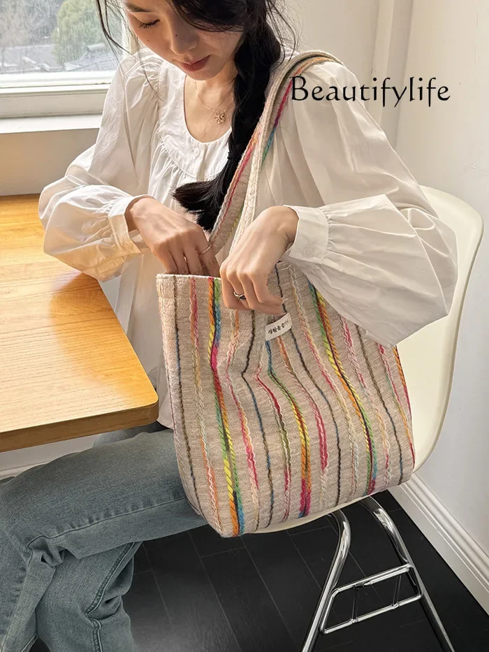 Striped three-dimensional embroidered canvas tote bag lazy wind vacation bag portable shoulder commuter bag