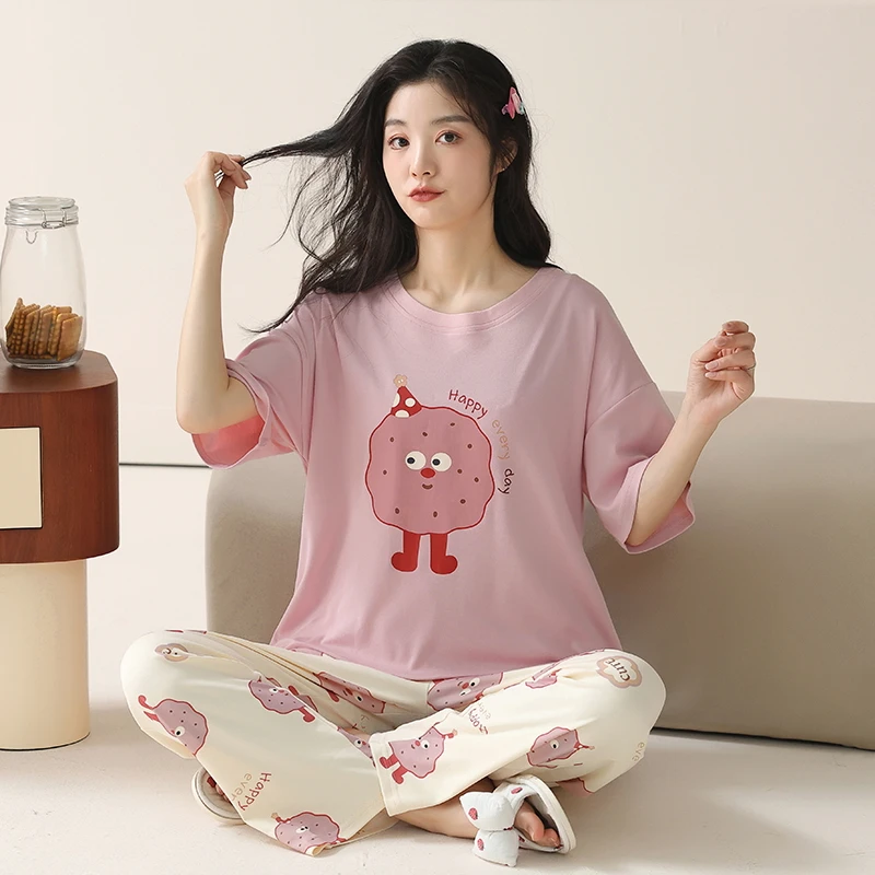 M-4XL Women Pajama Set Summer 100%Cotton Short  Sleeve Sleepwear Cute Cartoon Pijama