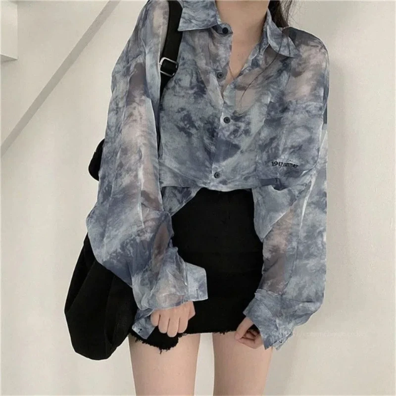 Tie Dye Thin Loose Blouse Summer New Long Sleeve Polo Neck All-match Loose Street Casual Shirt Tops Fashion Trend Women Clothing