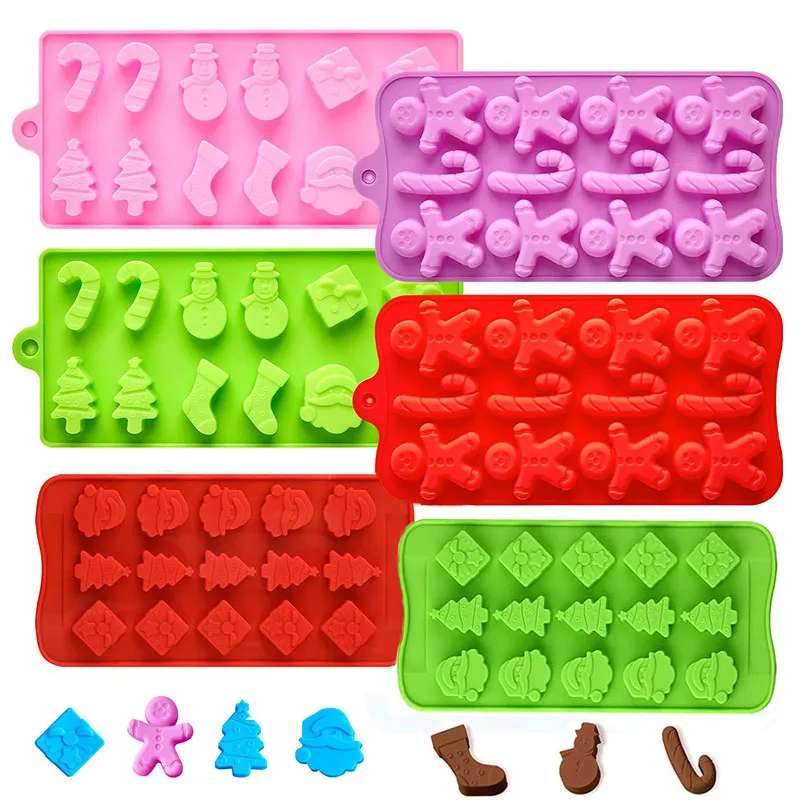 Christmas Silicone Molds 6PCS Christmas Chocolate Candy Moulds, Gingerbread Xmas Tree Cane Santa Snowman Shapes Baking Molds