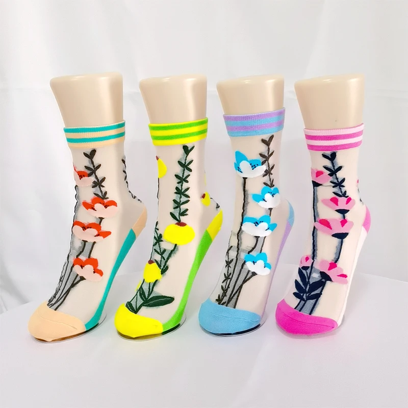 Cute Glass Silk Women\'s Socks Spring Summer Breathable Fashion Cartoon Literary Flower Socks Korean Fashion Harajuku Fun Socks