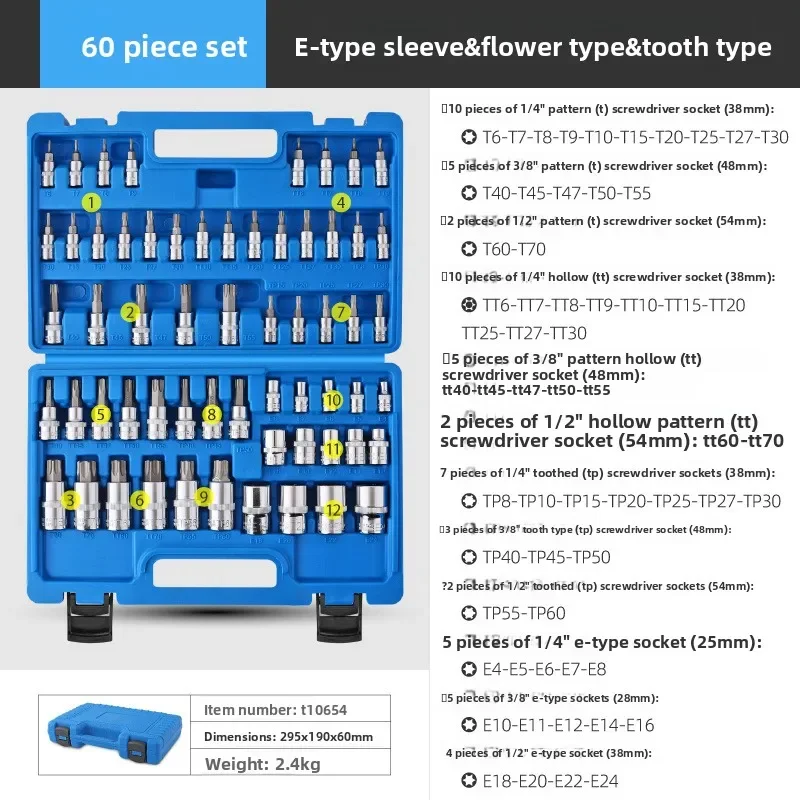 60-Piece E-Type Hex Socket Set with 1/2, 3/8, 1/4 Inch Ratchet T-Handle Wrench, T-Bar Repair Tools, Mechanic Ratchet for Auto