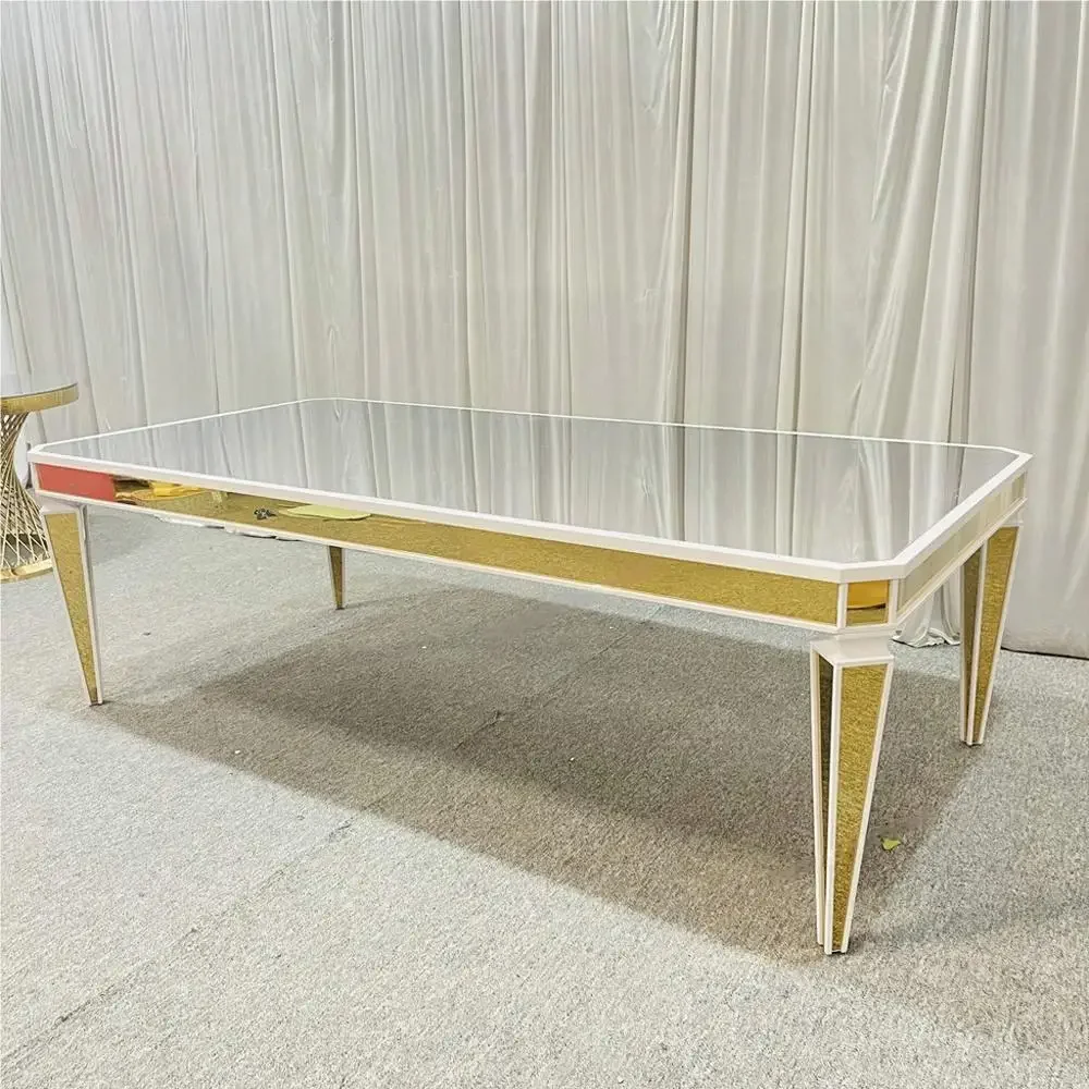 

Modern wedding mirror glass top gold stainless steel dining table
