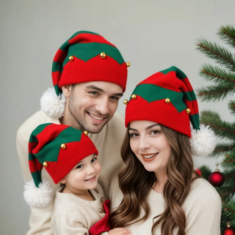 Christmas hats for men and women, new autumn and winter bell Christmas hats, color-blocked wool ball hats, festive knitted hats