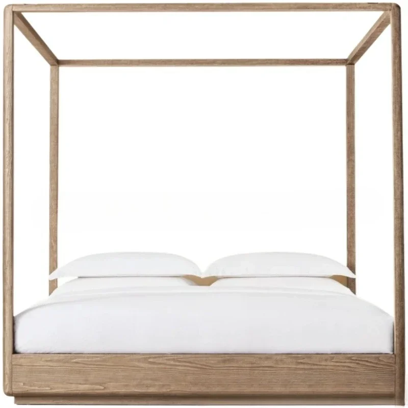 Solid wood oak bed French retro light luxury four-poster  Nordic shelf  vertical column mosquito net gauze