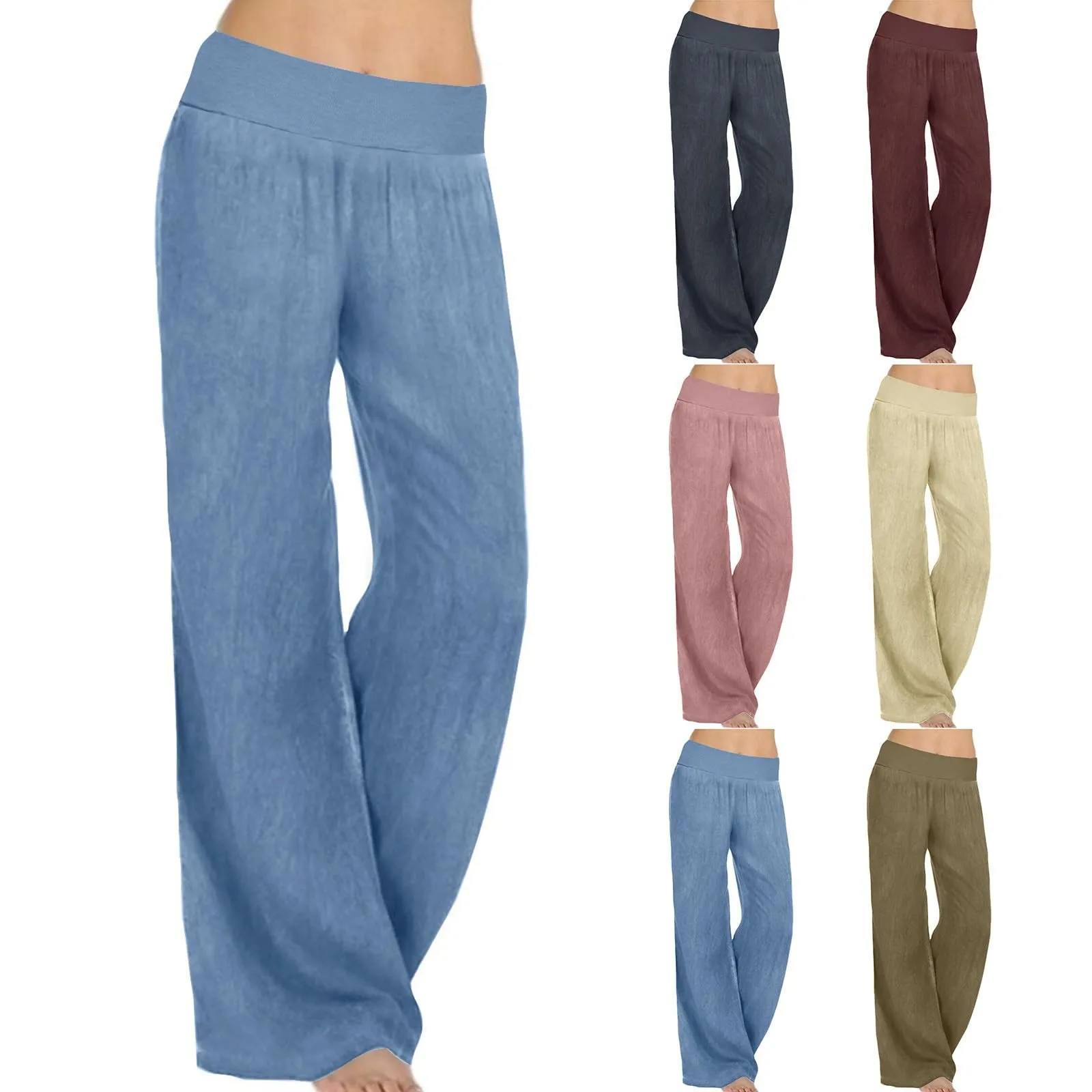 Women'S Summer New Trousers Solid Color High Waist Stretch Loose Wide Leg Pants Casual Comfy Home Straight Leg Trousers